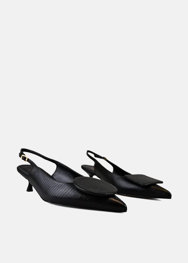 Pointed Toe Slingback Kitten Heel in Black Lizard