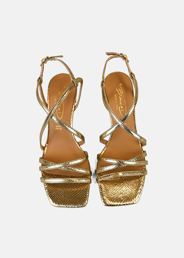 Strappy Block Heel Sandal in Gold Python