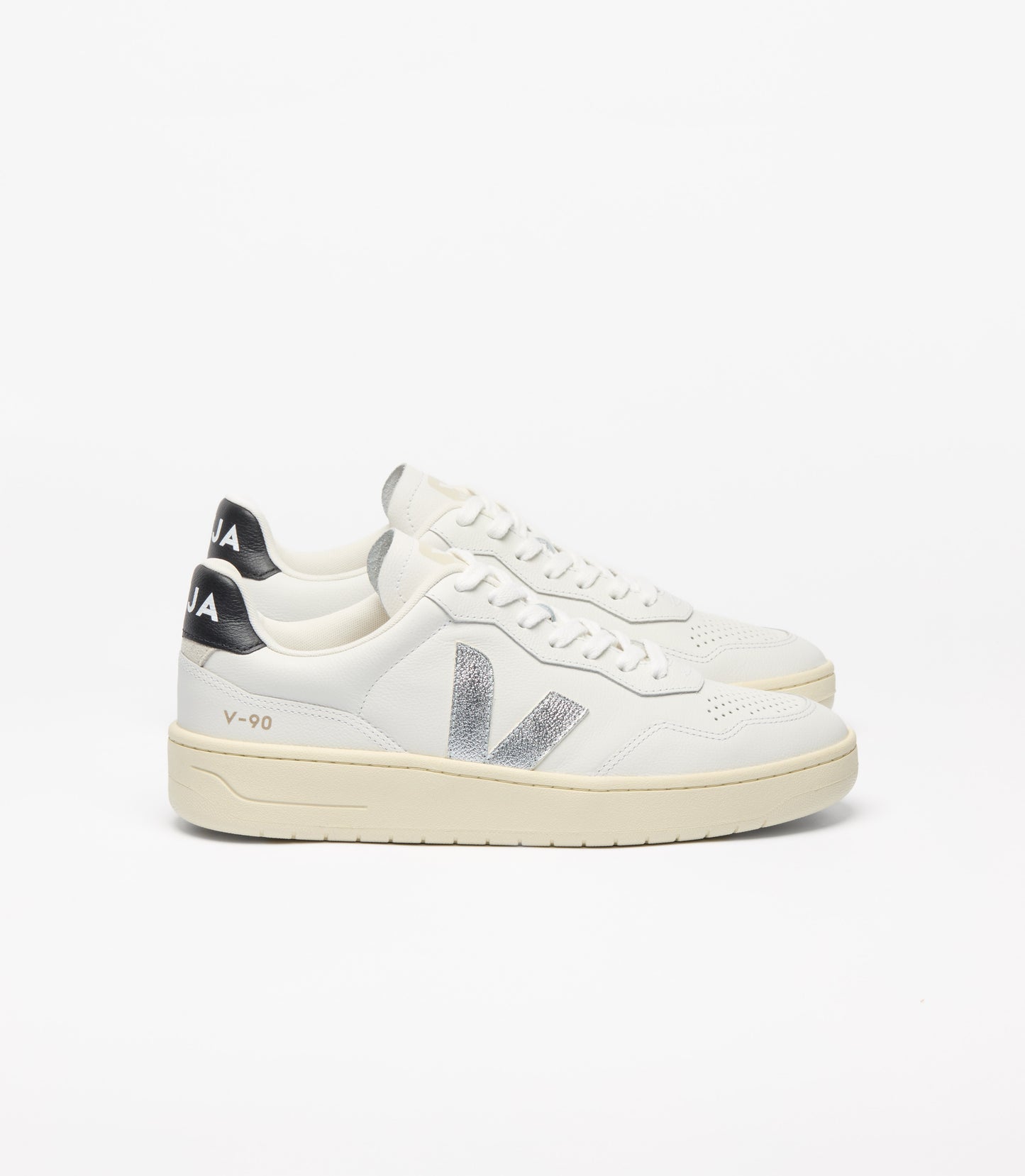 V90 Leather Sneakers in White Silver Black