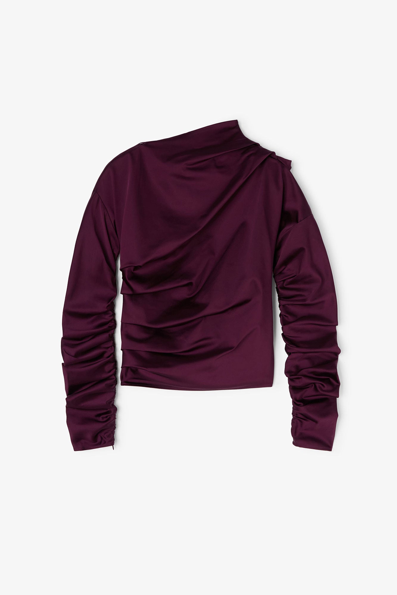 Technical Stretch Satin Ruched Top in Mauve Wine