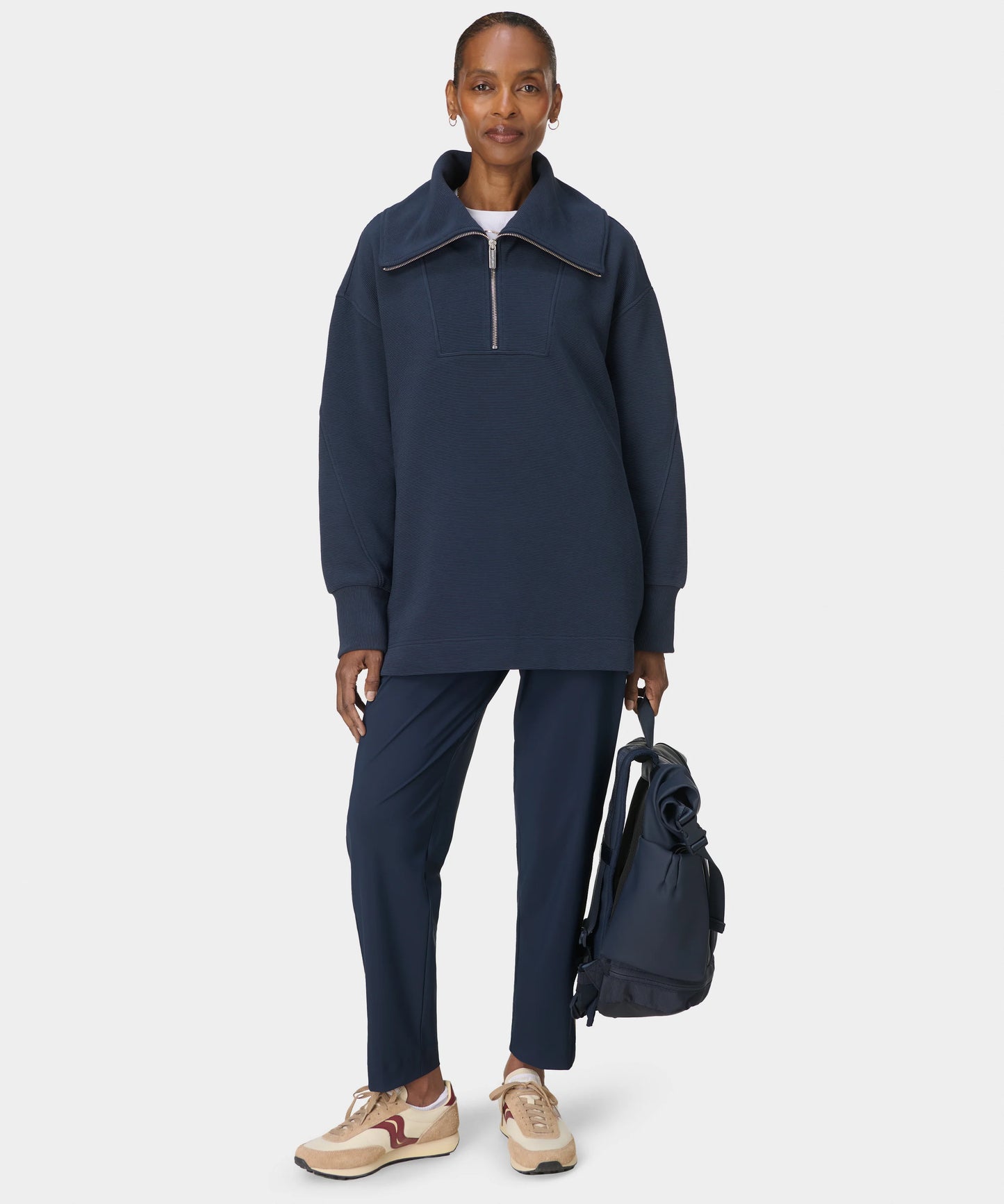 Peaceful Rib Half Zip Sweatshirt in Navy Blue