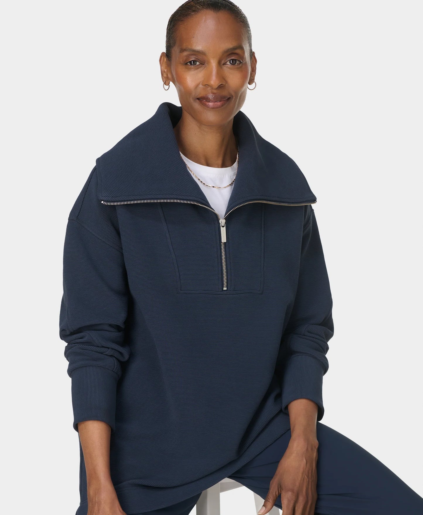 Peaceful Rib Half Zip Sweatshirt in Navy Blue