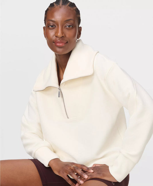 Peaceful Rib Half Zip Cropped Sweatshirt in Lily White