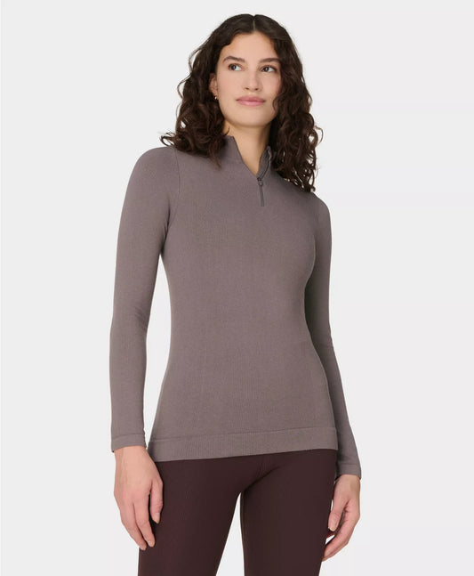Mindful Flex Half Zip Long Sleeve Top in Taupe Brown