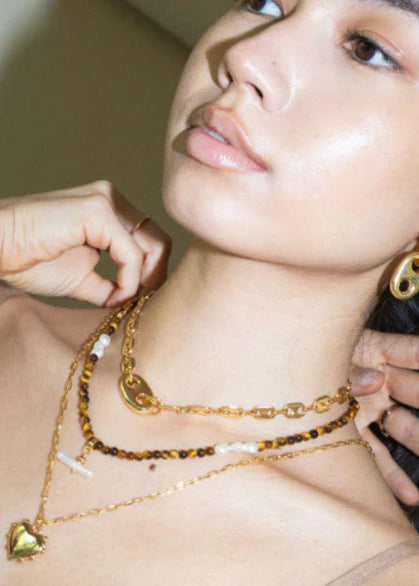 Pearl T Bar and Stone Necklace in Tiger Eye