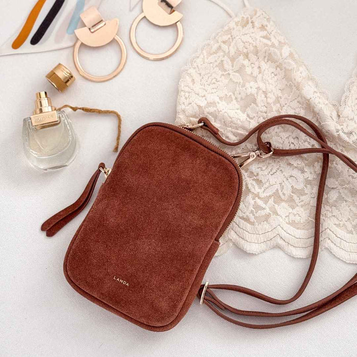 Cassia Phone Bag in Suede Tan