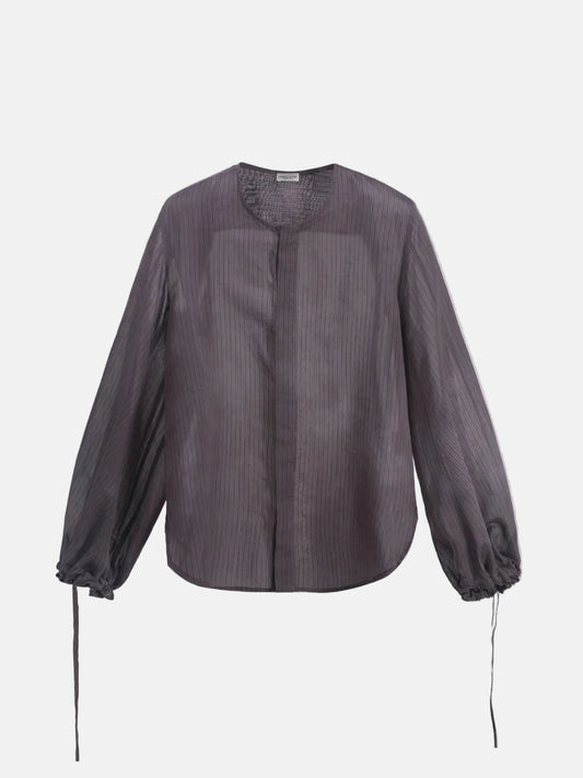 Collarless Bell Sleeve Shirt in Brown
