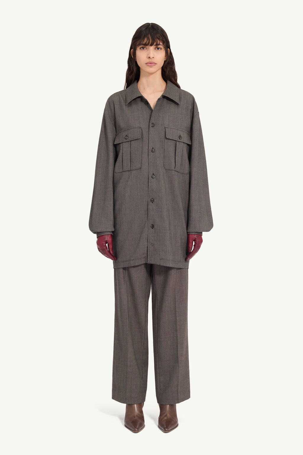 Tweed Shirt Dress in Brown and Beige