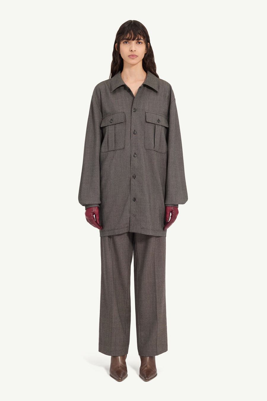 Tweed Shirt Dress in Brown and Beige