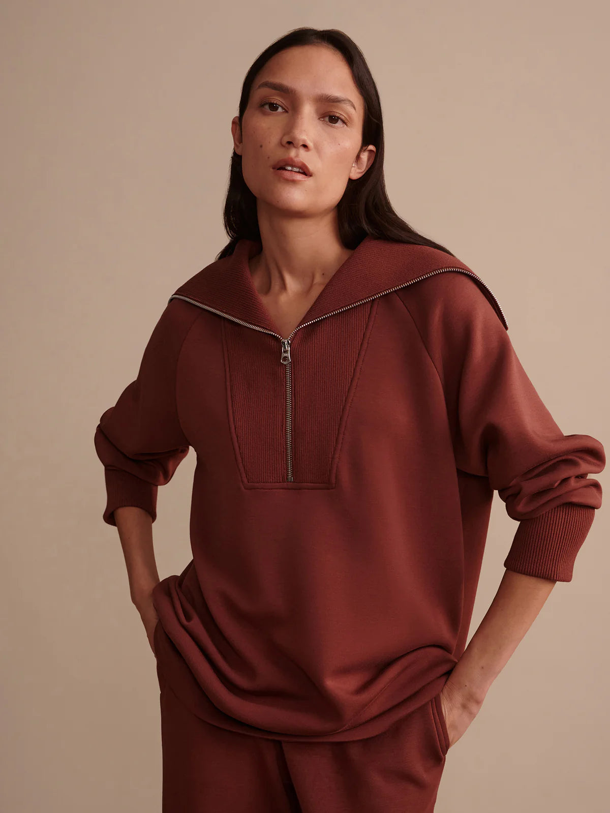 Xina Half Zip Longline Sweatshirt in Cinnamon