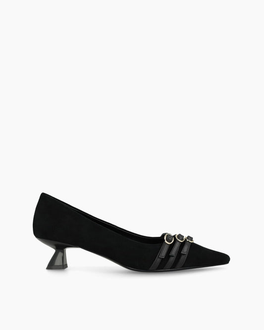 Roma Triple Buckle Heels in Black Suede