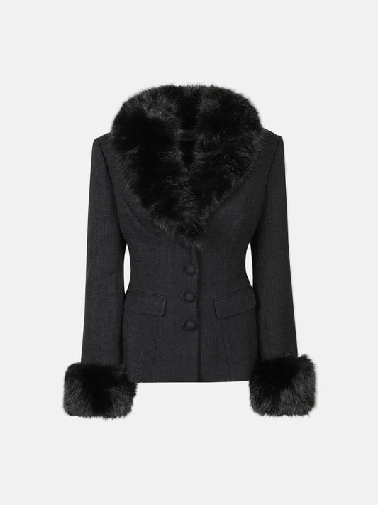 Black Tailored Boucle Fur Jacket in Black