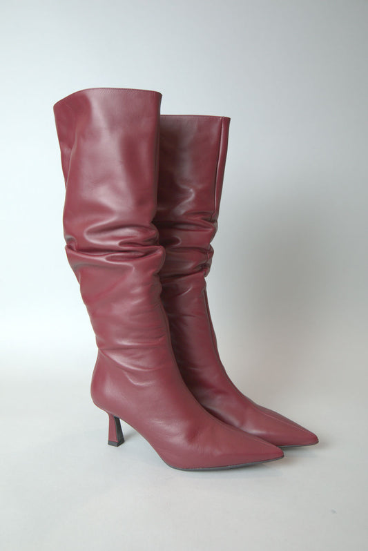 Mar Knee High Boots in Ruched Burgundy Leather