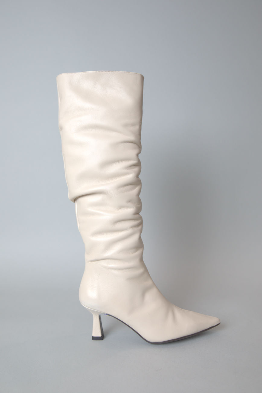 Mar Knee High Boots in Ruched White Leather