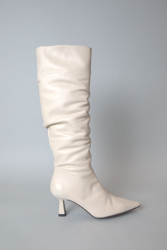 Mar Knee High Boots in Ruched White Leather
