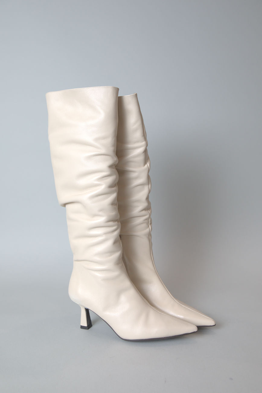 Mar Knee High Boots in Ruched White Leather
