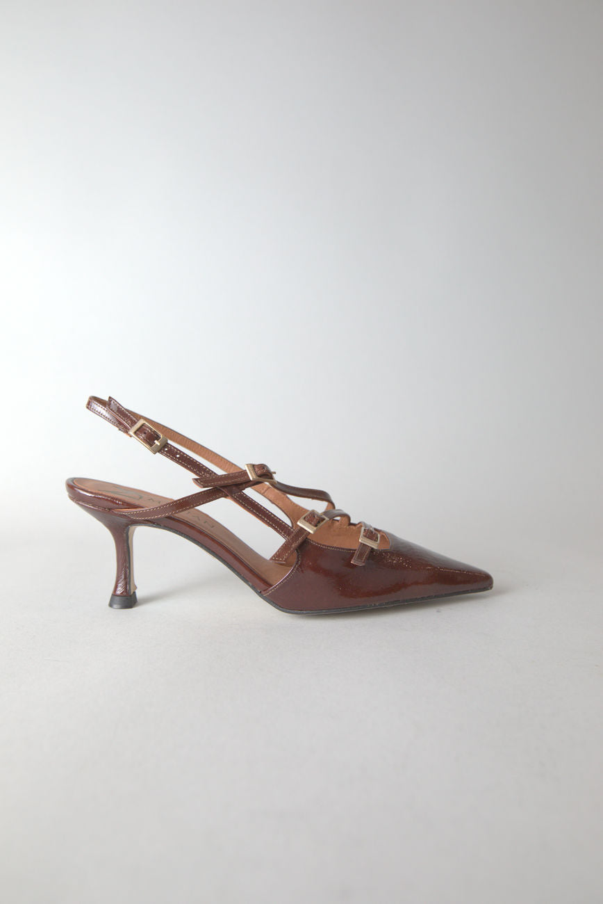 Patent Leather Slingbacks with Buckles in Brown