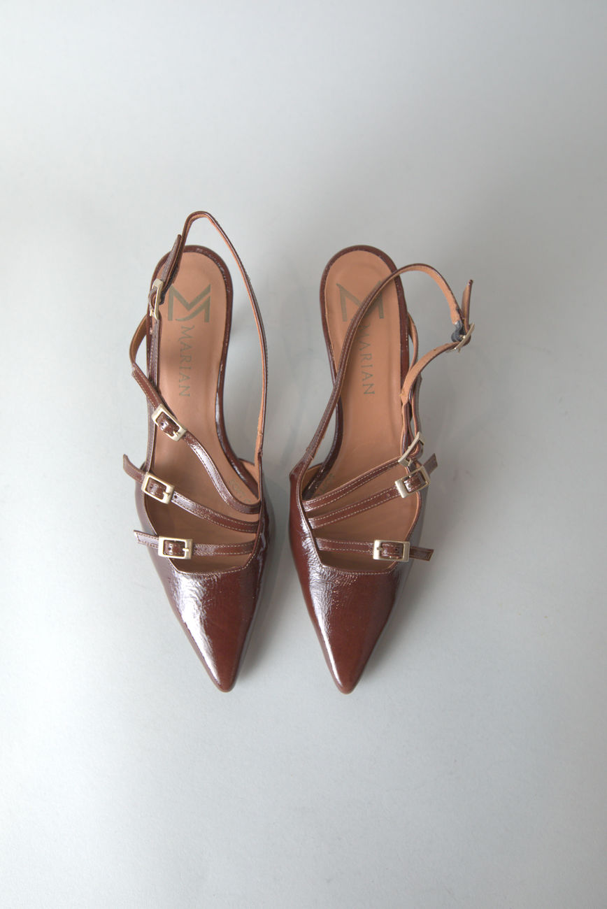 Patent Leather Slingbacks with Buckles in Brown