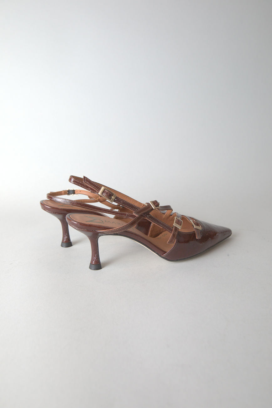 Patent Leather Slingbacks with Buckles in Brown
