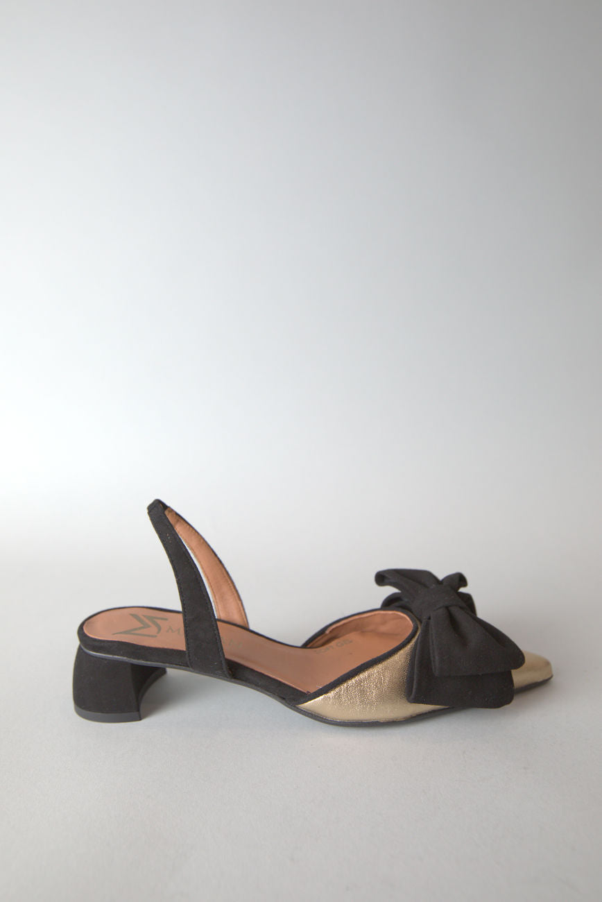 Leather Slingback with Suede Bow in Gold
