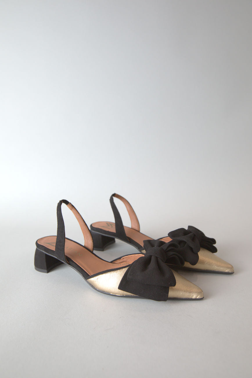 Leather Slingback with Suede Bow in Gold