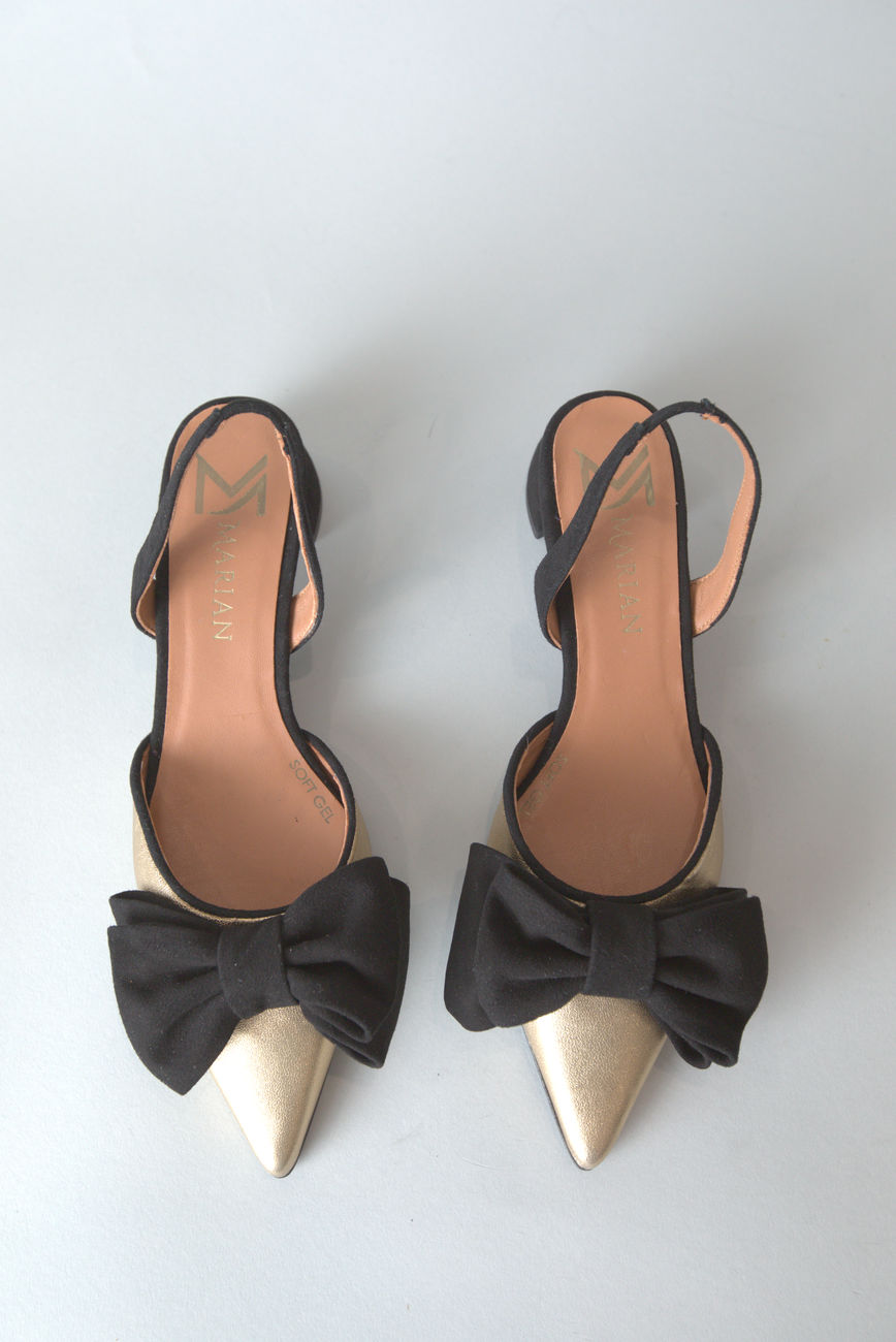 Leather Slingback with Suede Bow in Gold