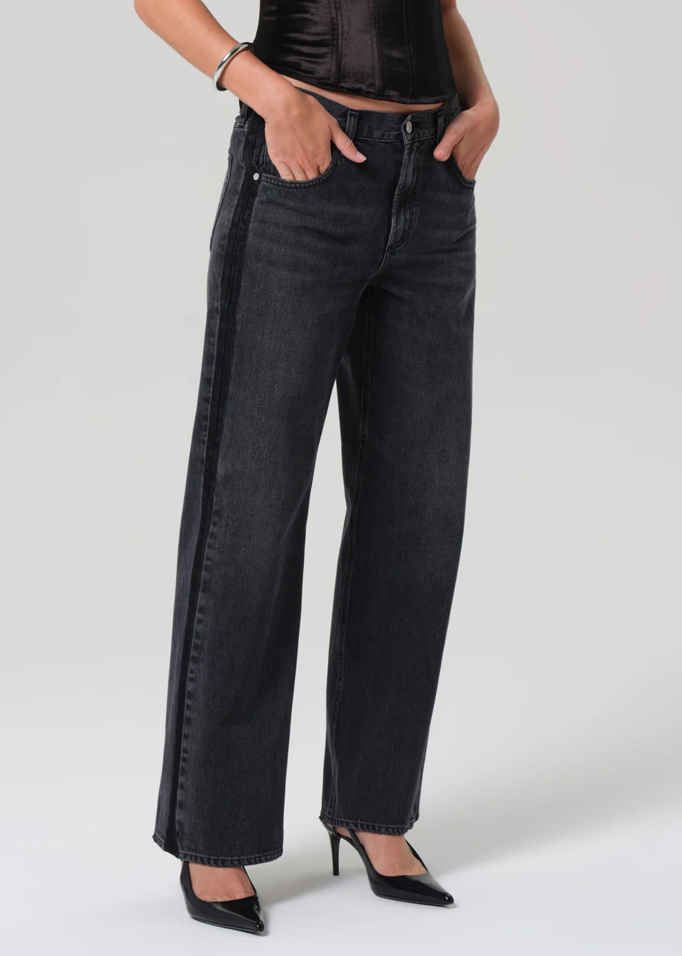 Lindz Low Rise Easy Straight Leg with Tuxedo Stripe in Kuro