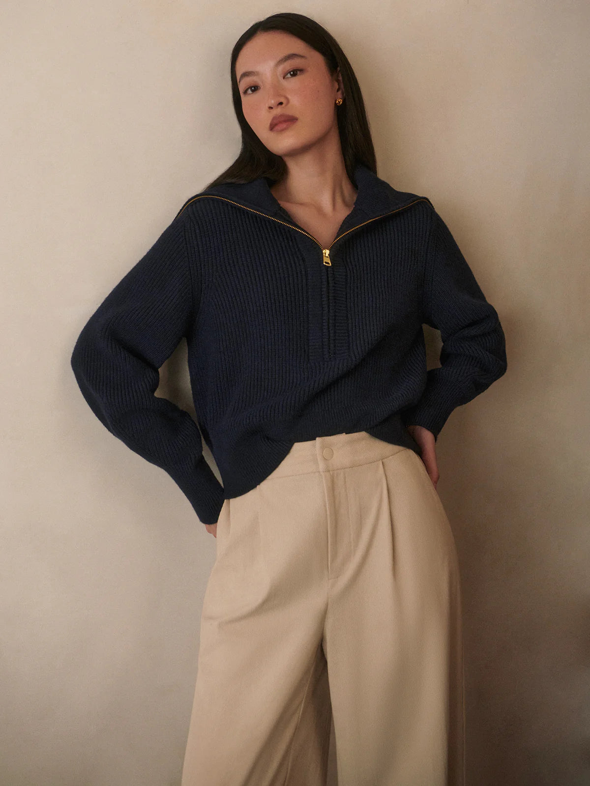 Maura Half Zip Rib Knit in Navy