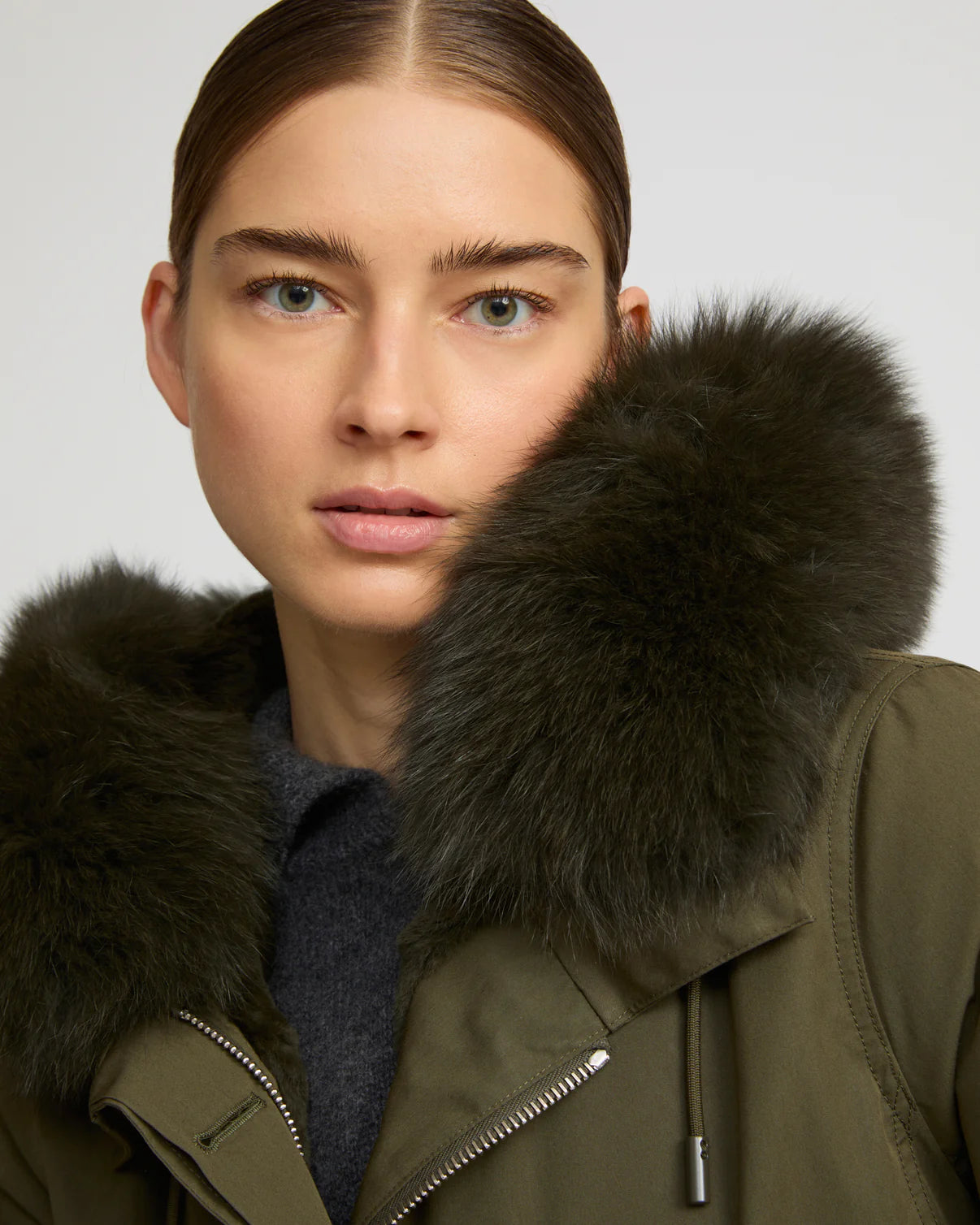 Short Parka in Cotton Blend and Fox and Rabbit Fur