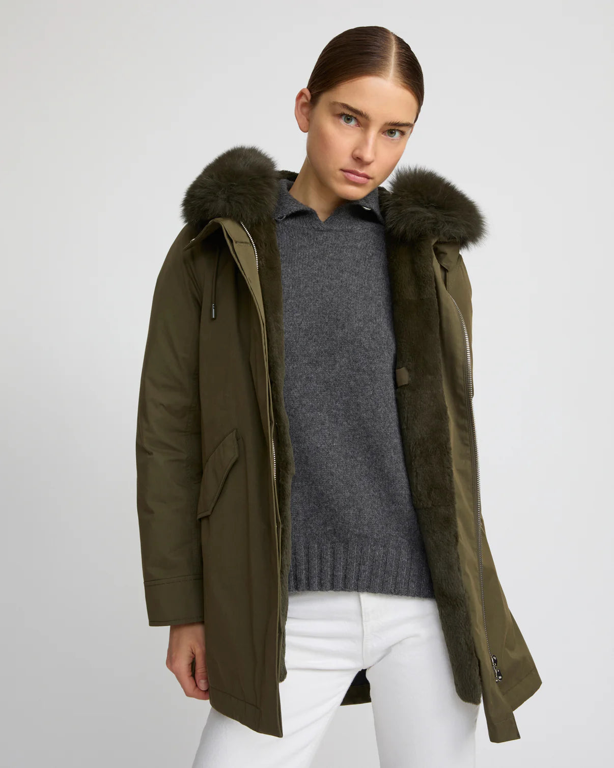 Short Parka in Cotton Blend and Fox and Rabbit Fur