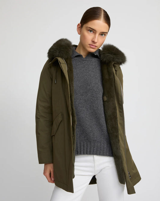 Short Parka in Cotton Blend and Fox and Rabbit Fur