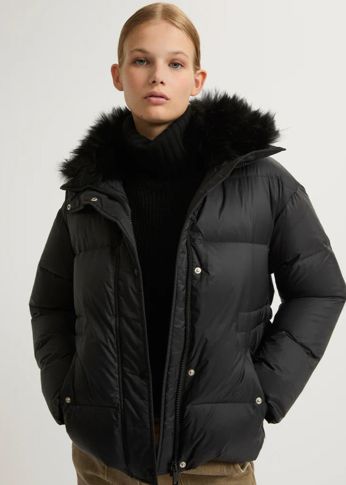 DOWN JACKET WITH FLUFFY LAMBSWOOL TRIM - YVES SALOMON ARMY