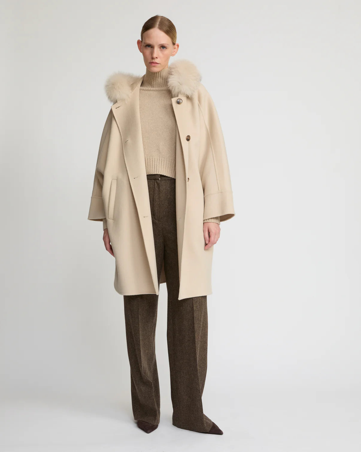 Cashmere Blend Hooded Cape With Fox Trim