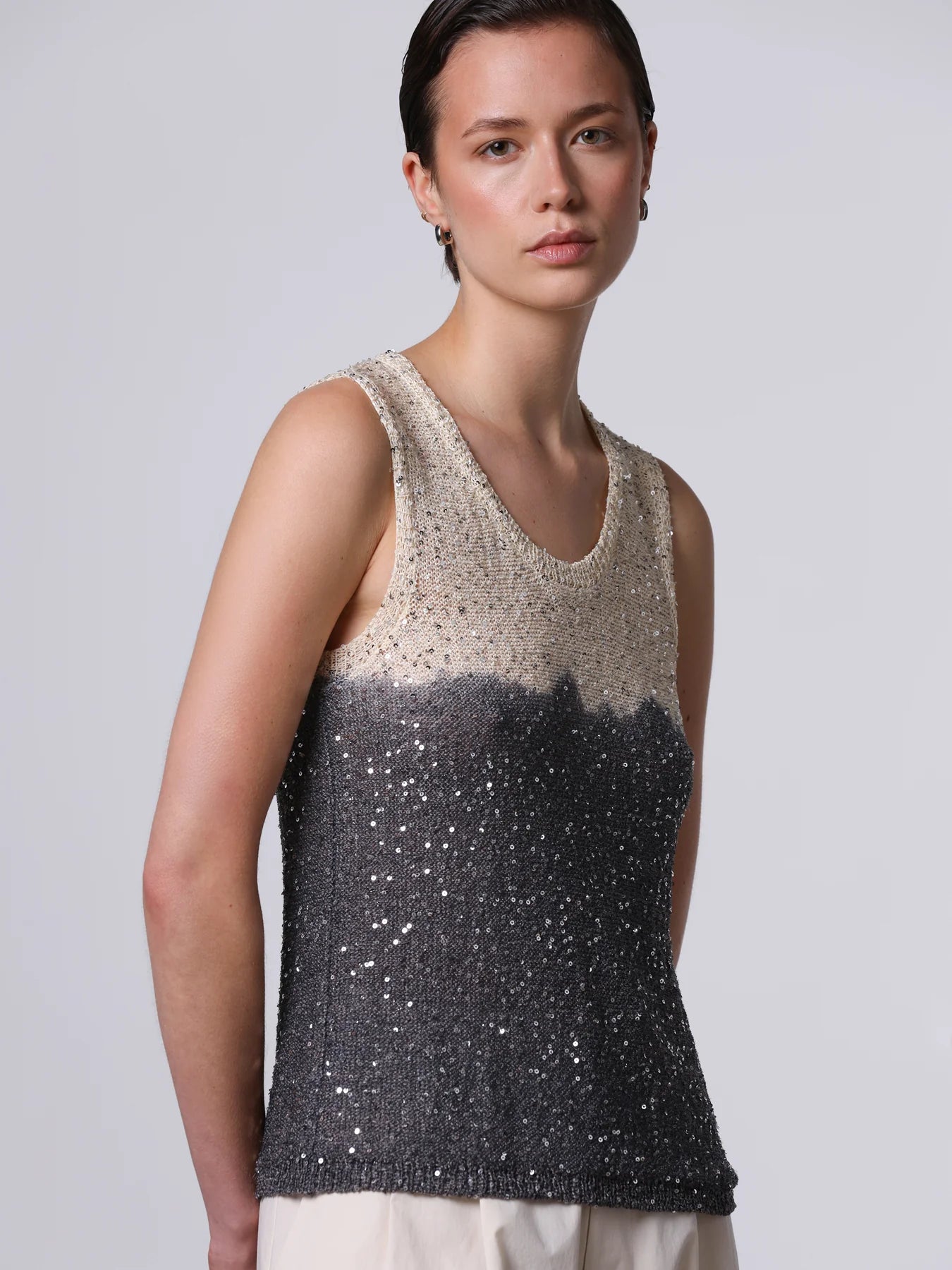 Sequins Tank Top in Black/Cream