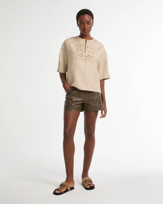 Linen Embroidered Short Sleeve Blouse in Sahel