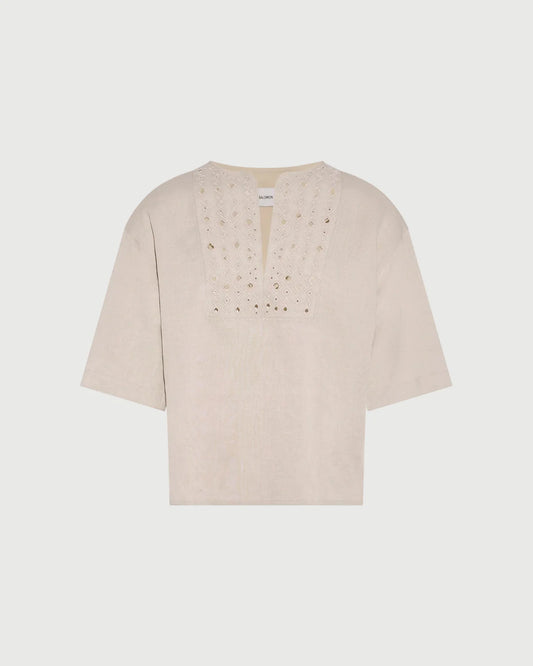 Linen Embroidered Short Sleeve Blouse in Sahel