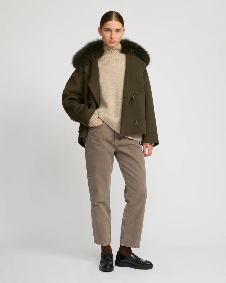 Cashmere-Blend Pea Jacket with Removable Fox Fur Collar