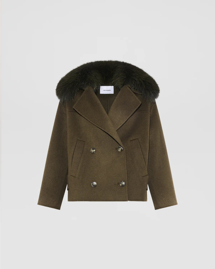 Cashmere-Blend Pea Jacket with Removable Fox Fur Collar