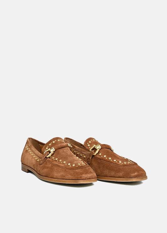Suede Loafers with Gold Studs in Brown