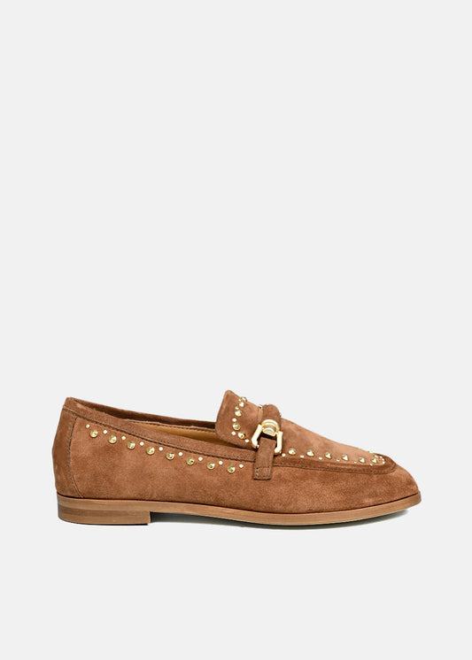 Suede Loafers with Gold Studs in Brown