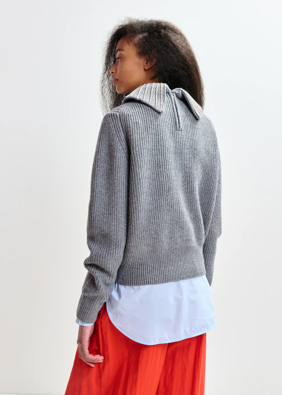 Knitted Sweater with Embellished Collar in Grey Melange