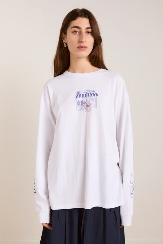 Damson Deli Long Sleeve Tee in White