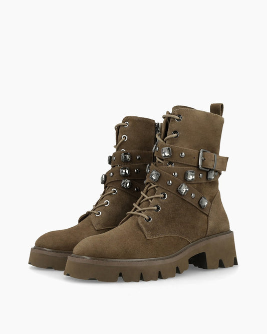 Chunky Buckle Boot in Camel Suede