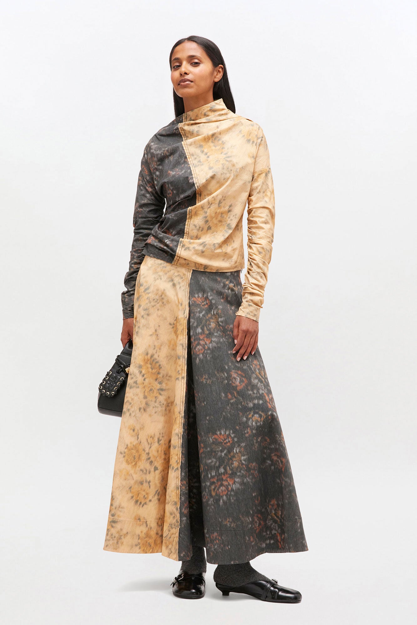 Ruched Top in Black and Beige