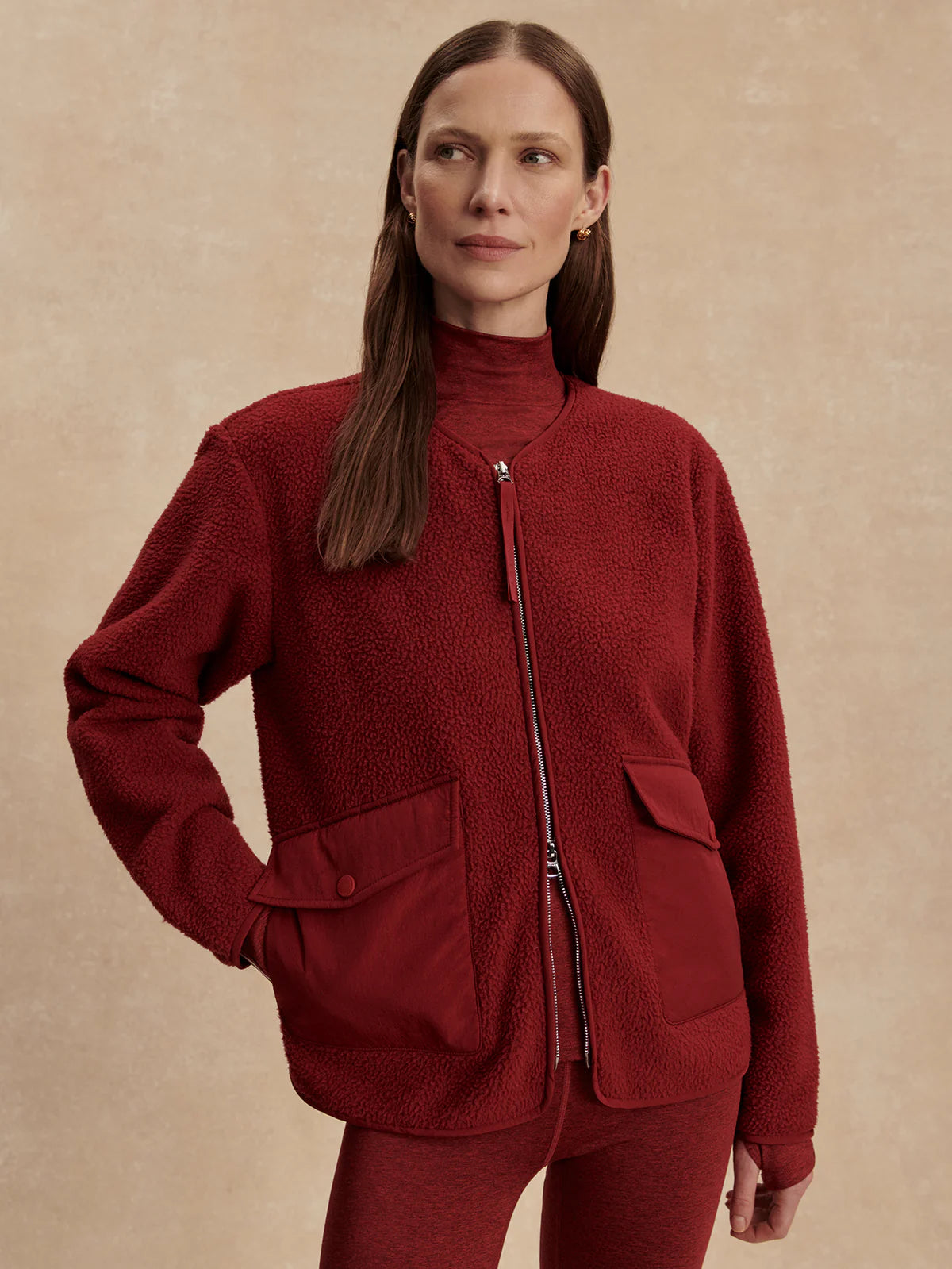 Marina Collarless Fleece in Red Dahlia