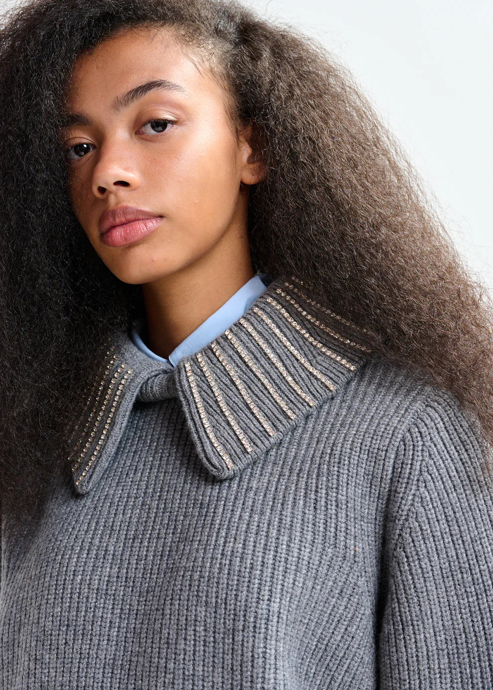 Knitted Sweater with Embellished Collar in Grey Melange