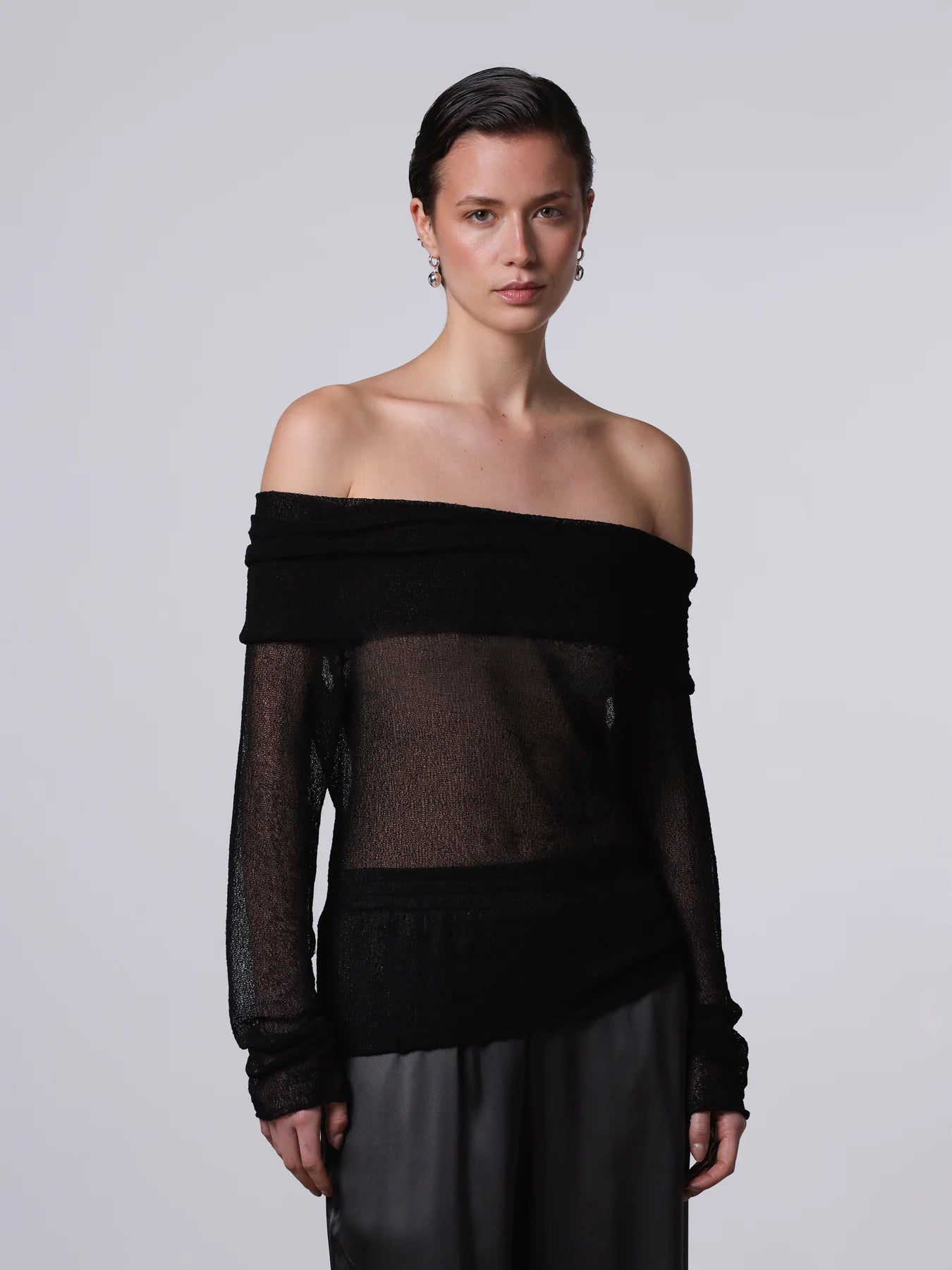 Openwork Lace-Effect Off-Shoulder Top in Black