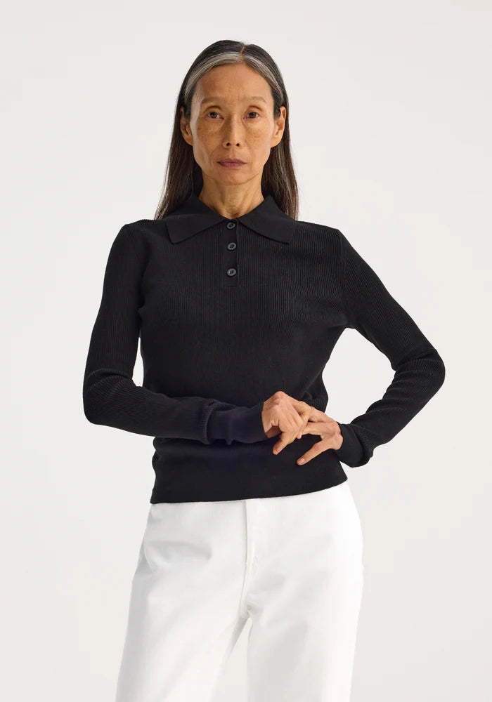 RIB KNITTED LONG SLEEVE POLO BLACK - ROHE