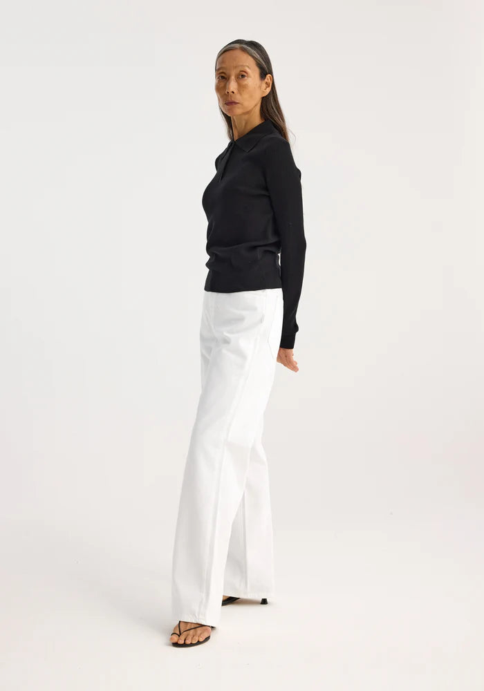 RIB KNITTED LONG SLEEVE POLO BLACK - ROHE