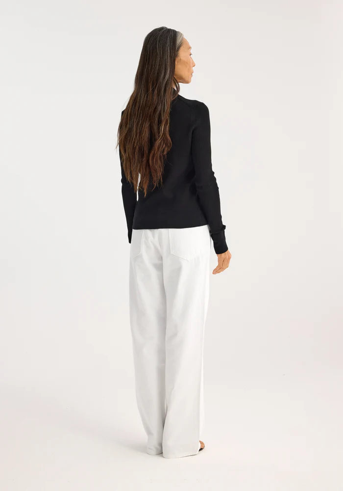 RIB KNITTED LONG SLEEVE POLO BLACK - ROHE